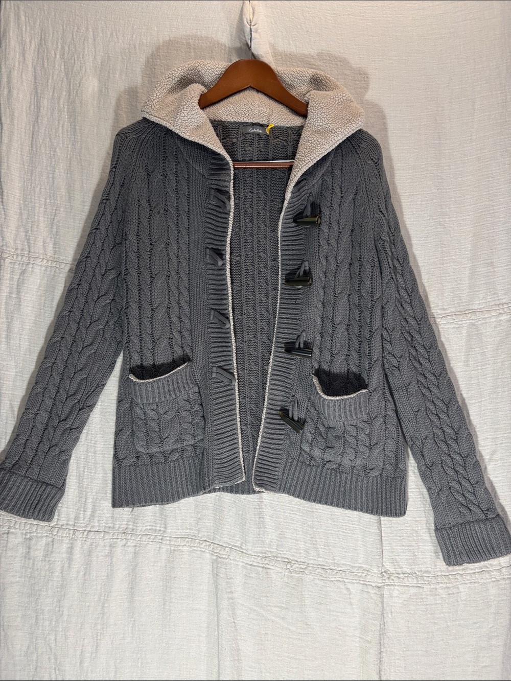 Cabela's Cable-Knit Sherpa Hood Toggle Cardigan Sweater Jacket XL